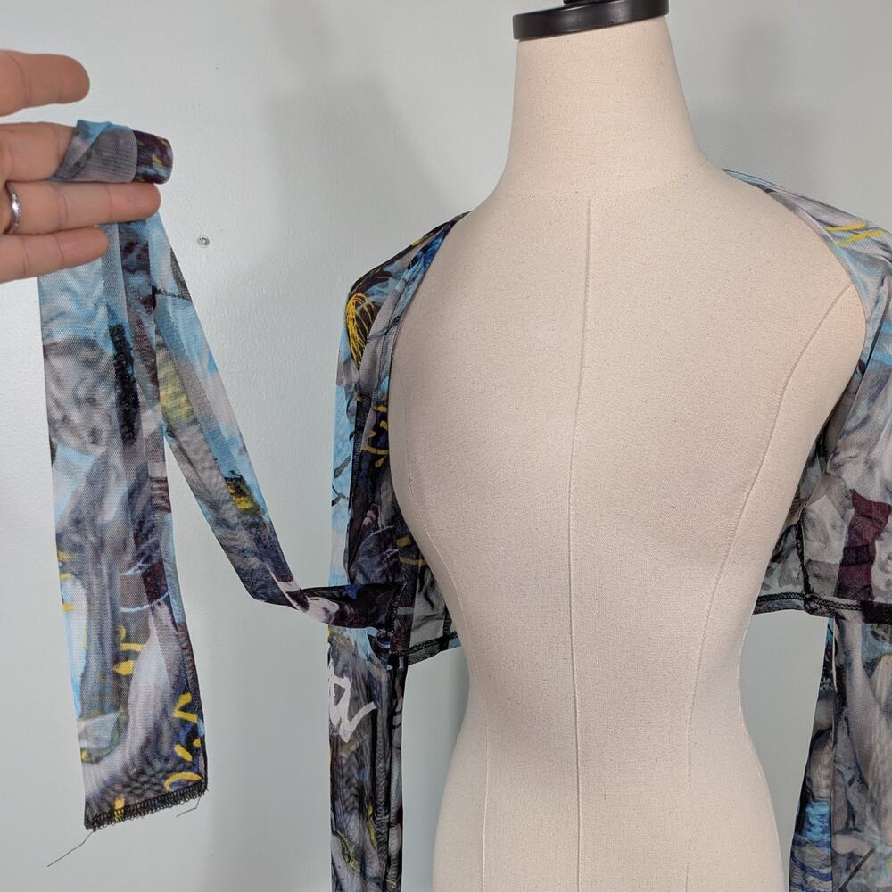 Y2K Mesh Shrug Top S Blue Back Crop Fairy Whimsigoth Tie Cardigan Floral Euro - Picture 9 of 11